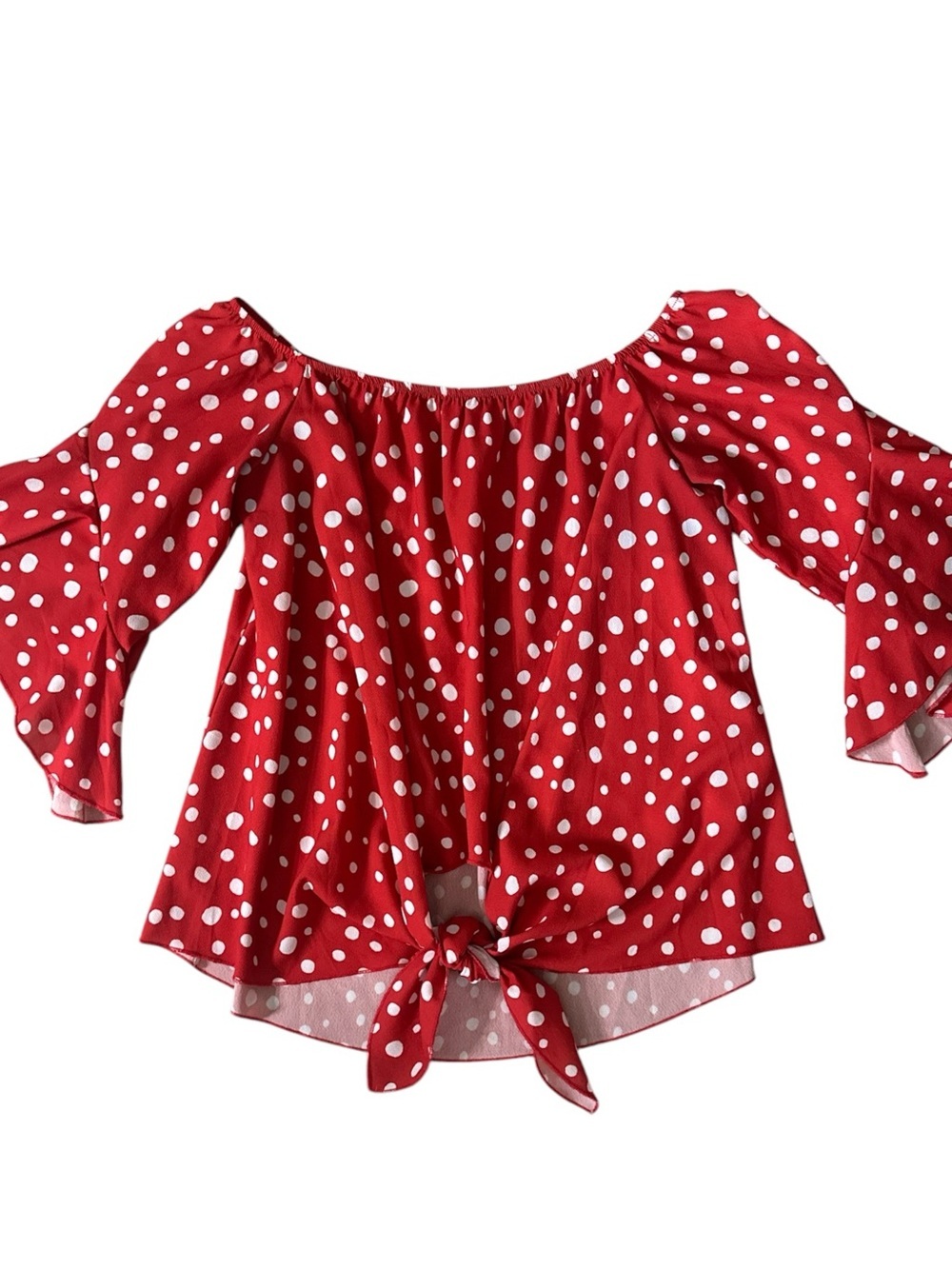 Women’s Tie Front Off Shoulder Blouse Orange Red & White Polka-Dot Size Large